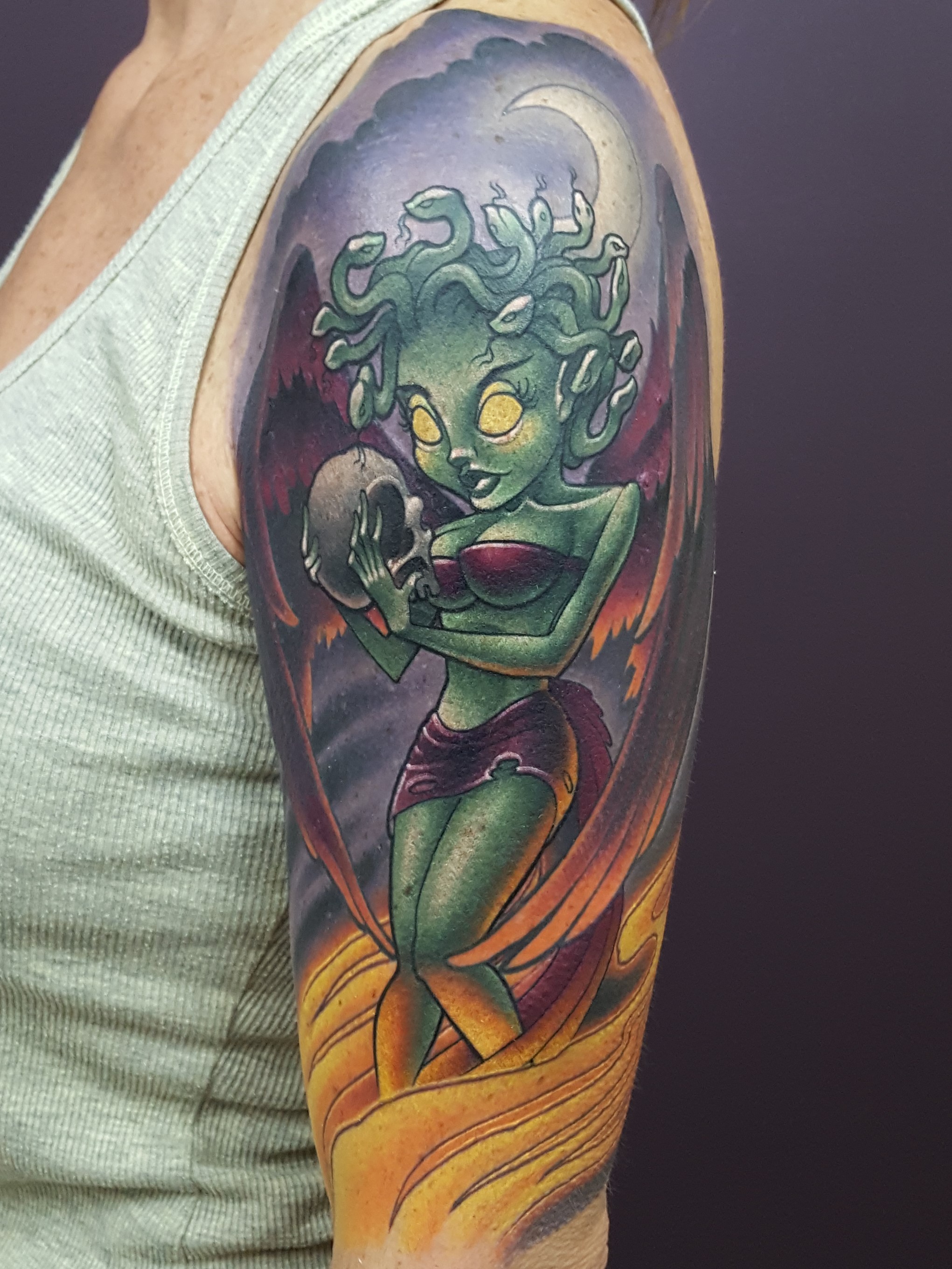 Medusa Tattoo Sleeve done by tattooist Cracker Joe Swider in CT